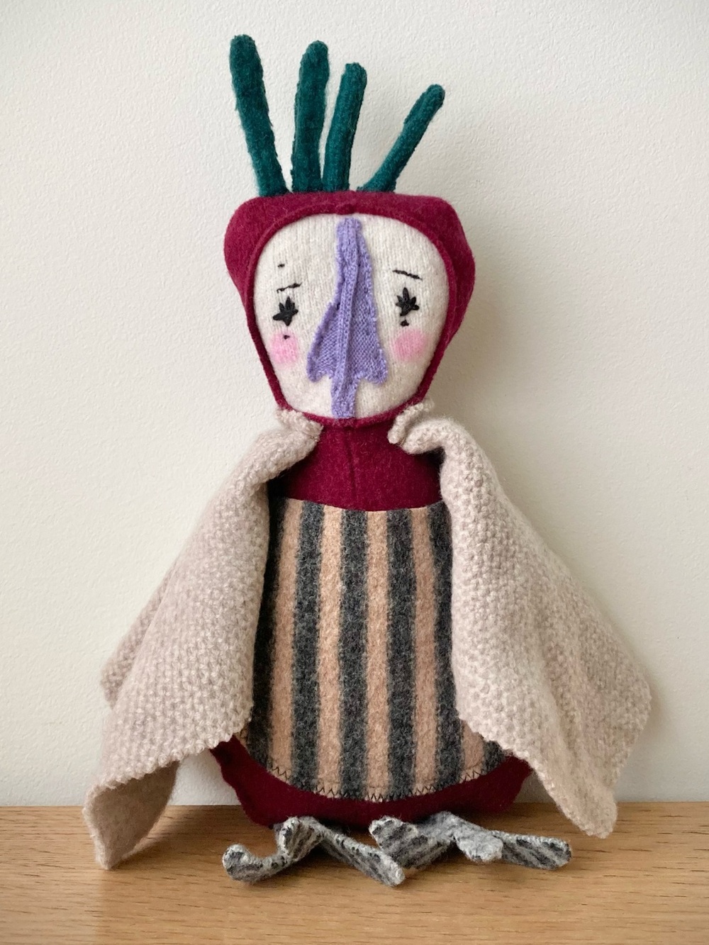 joodito red bird reclaimed wool cashmere folk art rag doll japanese wabi sabi